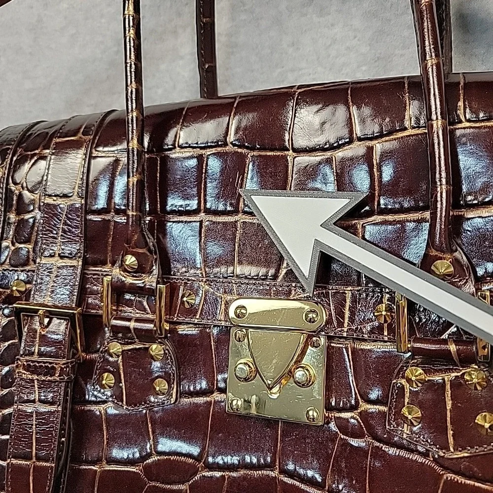 Vintage NORDSTROM Large Croco Embossed Leather Purse Hand Bag‎ Wine Gold Studded
